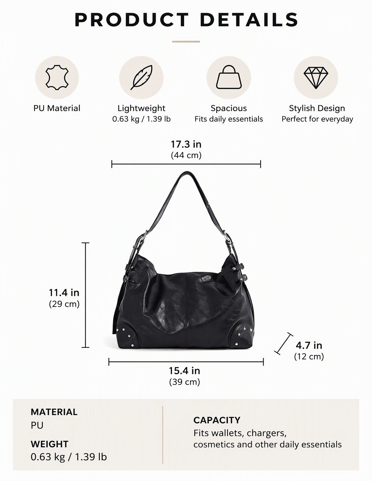 Slouchy Studded Hobo Bag with Buckle Details
