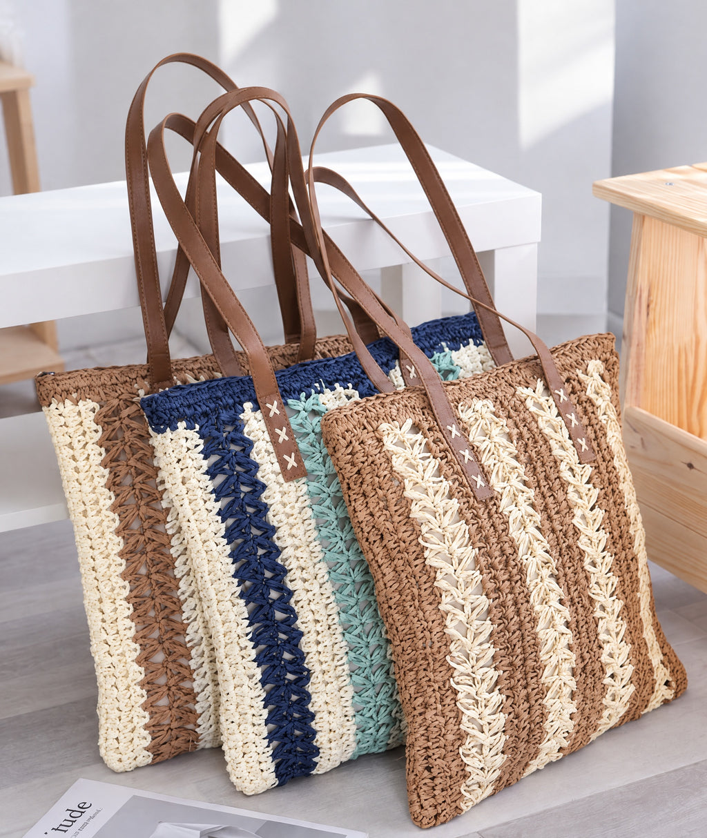 Casual Woven Striped Long Shoulder Handles Tote Bag