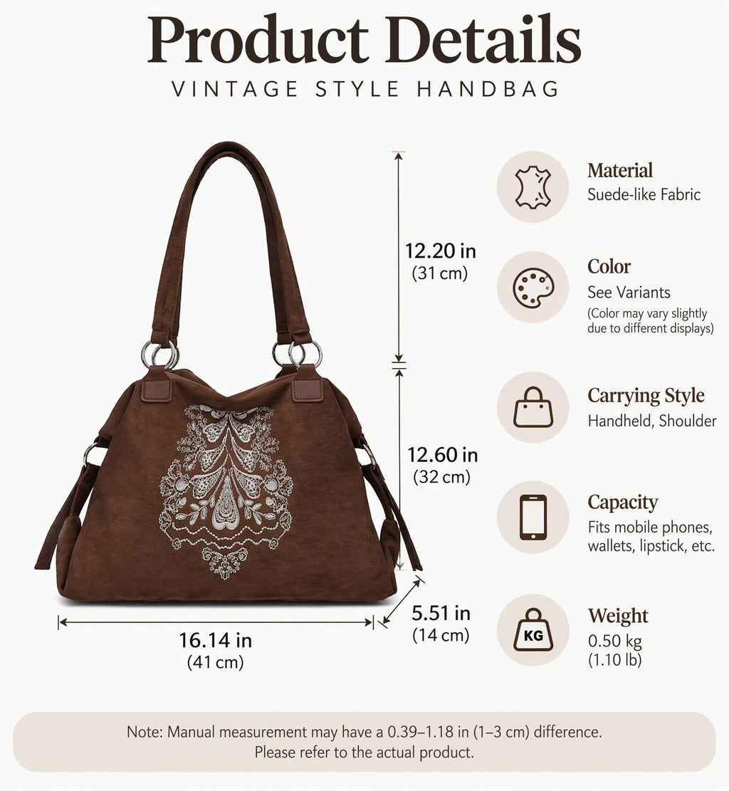 Vintage Embroidered Suede Shoulder Tote Bag