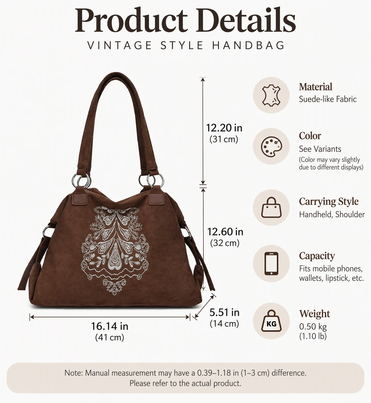 Vintage Embroidered Suede Shoulder Tote Bag