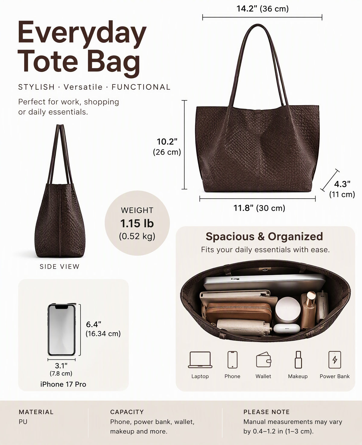 Minimalist Woven Shoulder Tote Bag with Paneled Stitching