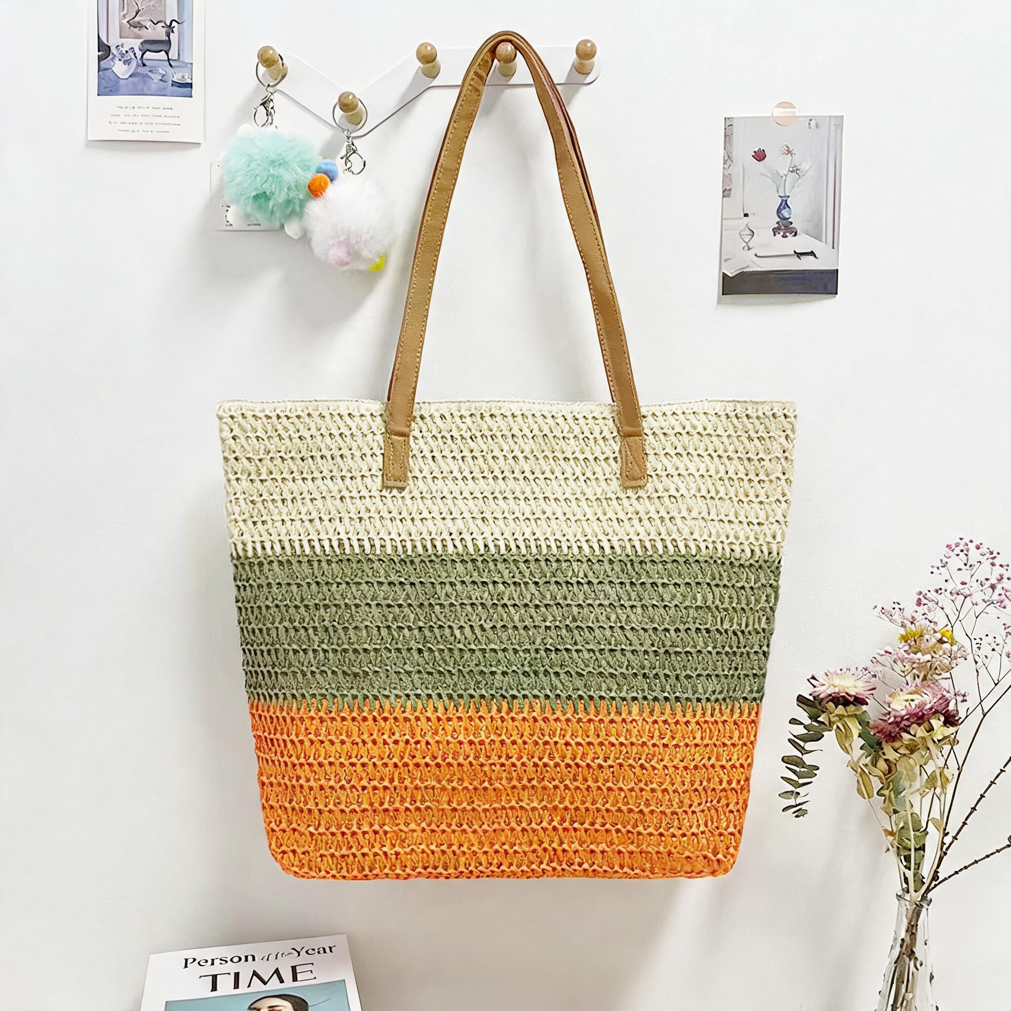 Three-Color Spliced Straw Large Capacity Beach Bag