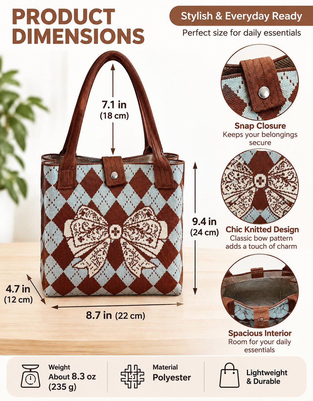 Vintage Floral Bow Pattern Knit Shoulder Tote Handbag