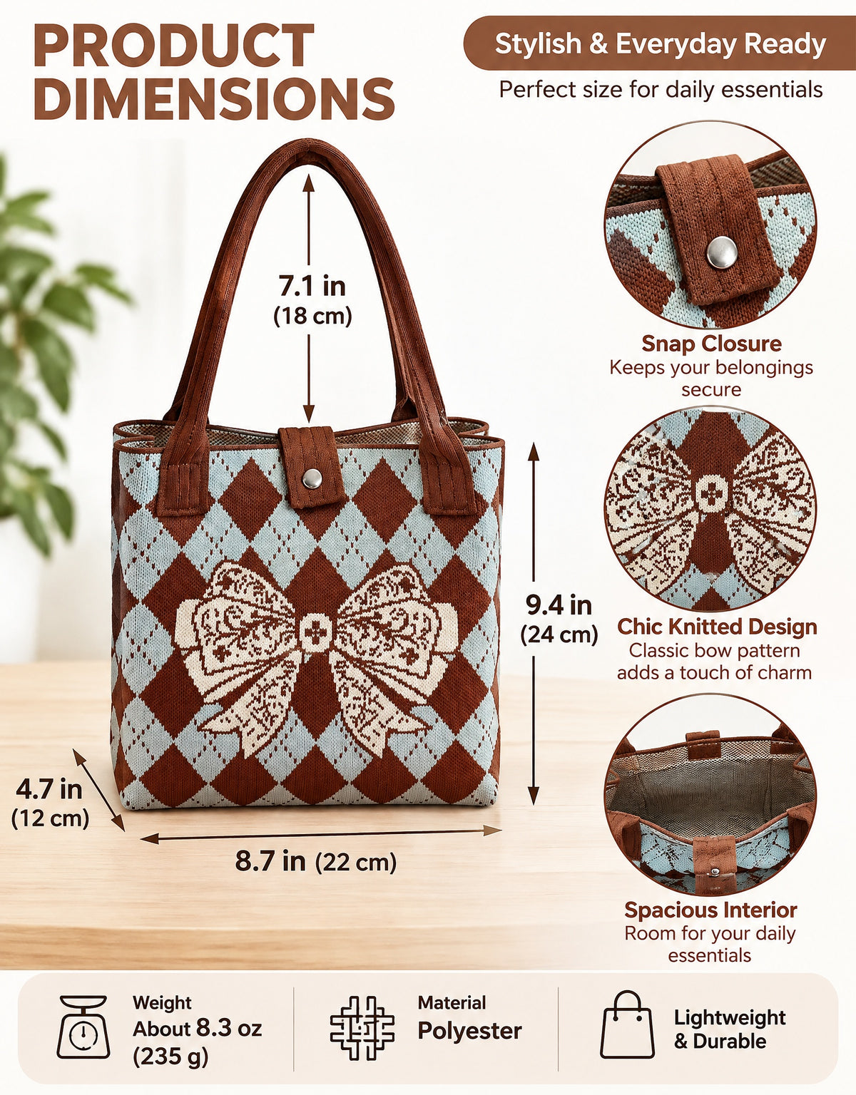 Vintage Floral Bow Pattern Knit Shoulder Tote Handbag