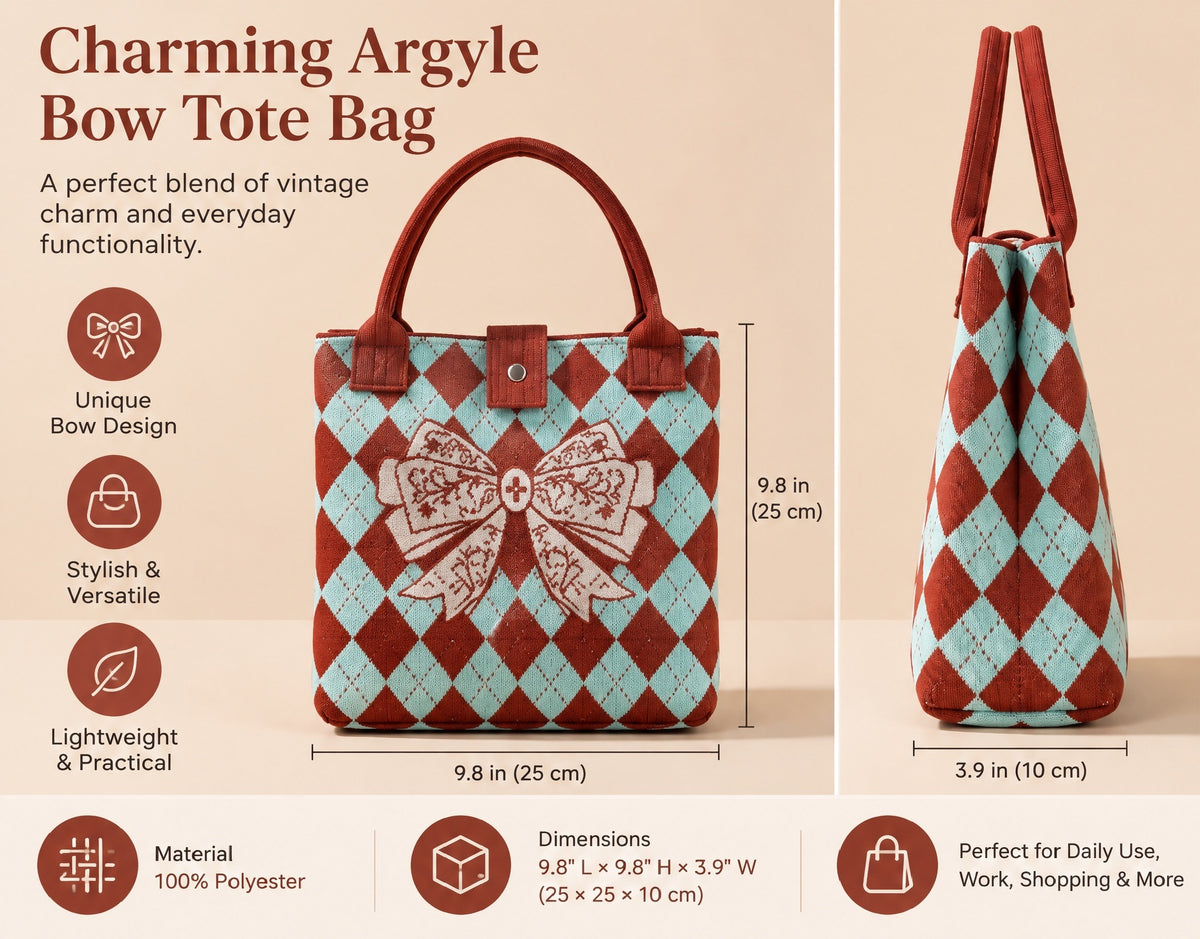 Elegant Argyle Bow Print Knit Tote Handbag