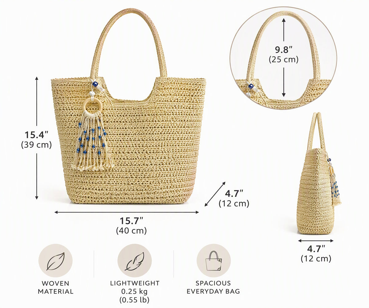 Woven Large Tote with Boho Tassel Charm
