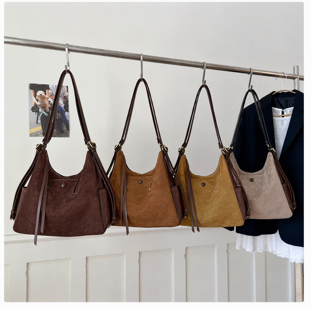 Vintage Faux Suede Slouchy Hobo Shoulder Bag with Drawstring Details
