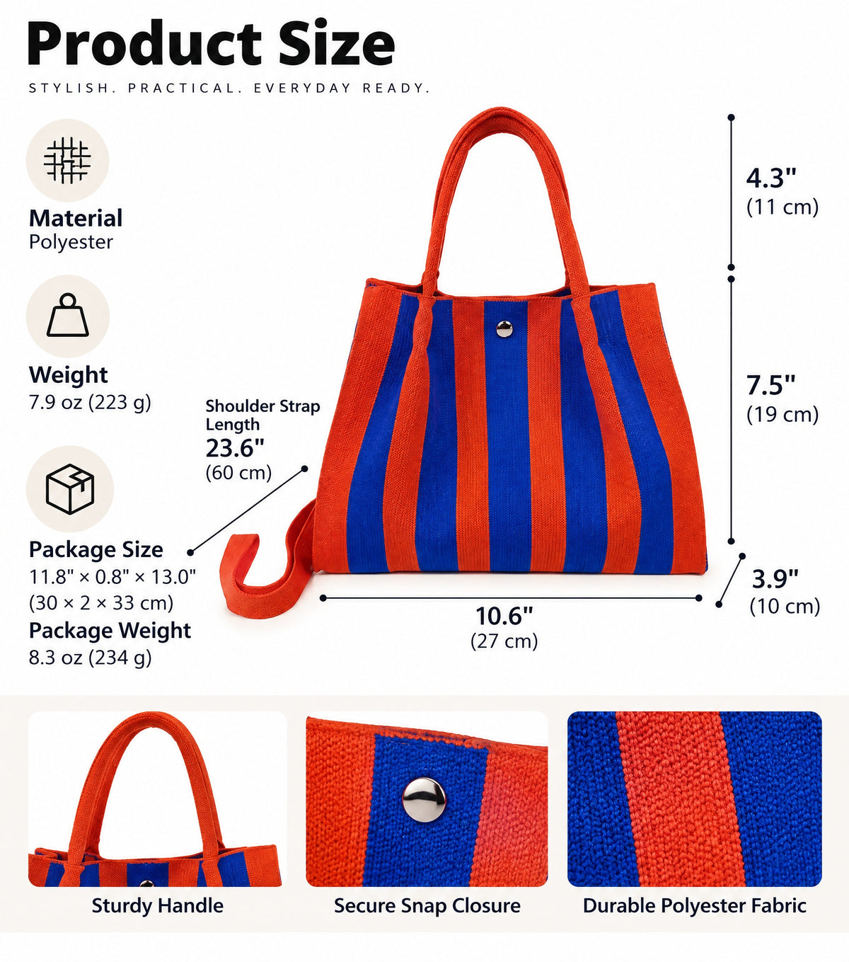 Casual Striped Adjustable Shoulder Strap Tote Bag