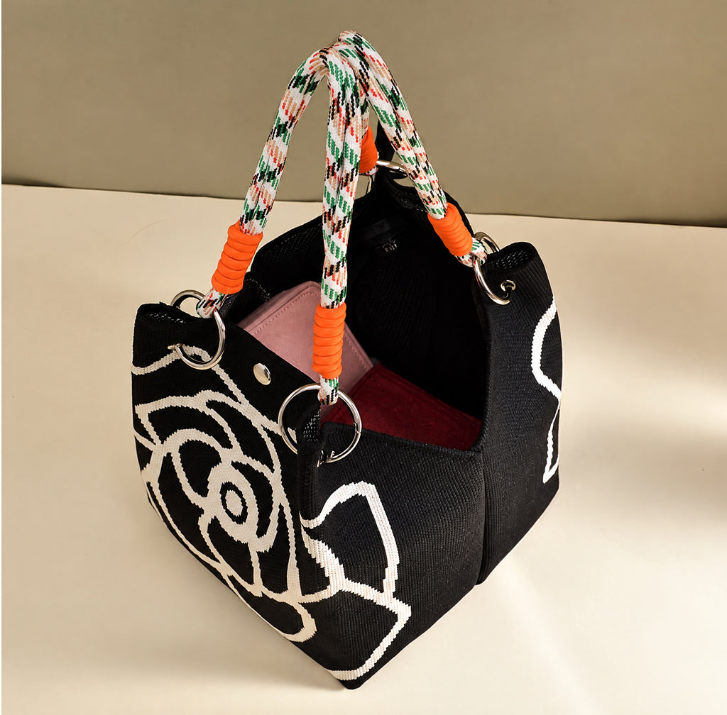 Elegant Floral Print Braided Handle Mini Bucket Handbag