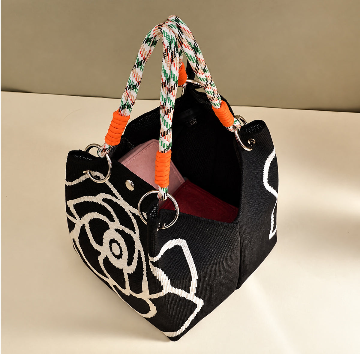 Elegant Floral Print Braided Handle Mini Bucket Handbag