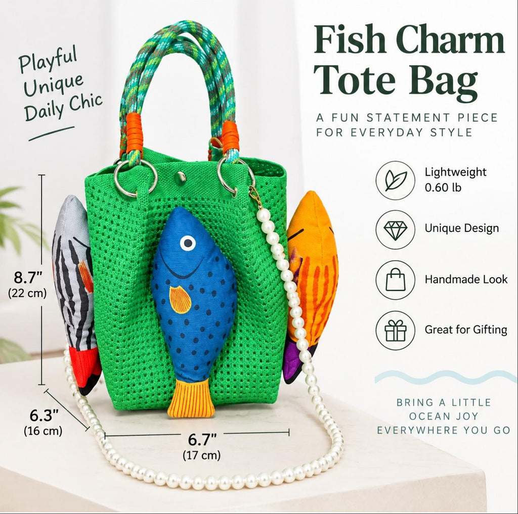 Crochet Fish Applique Pearl Strap Tote Bag