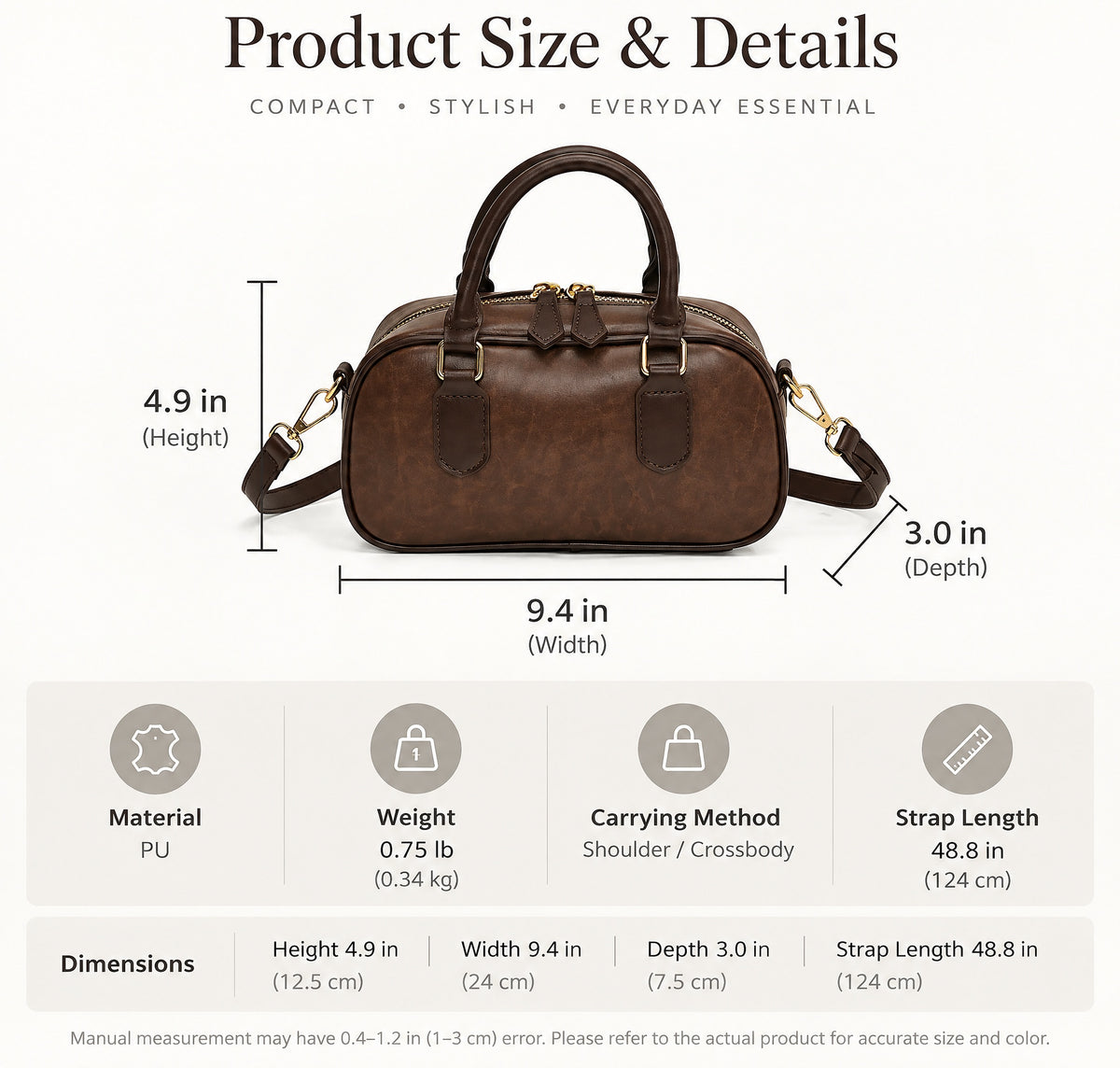Mini Boston Bag PU Leather Handbag with Detachable Crossbody Strap