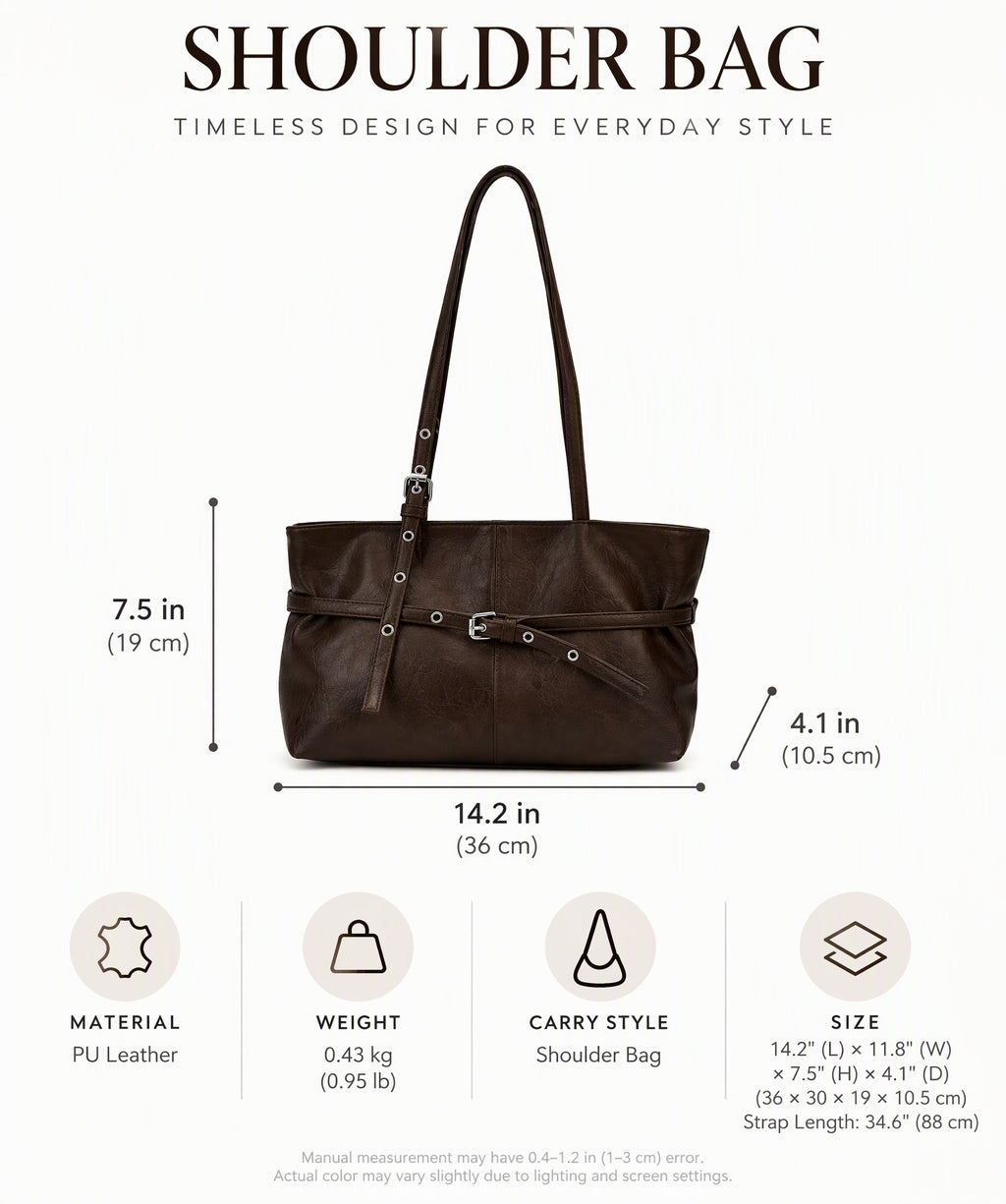 PU Leather Shoulder Tote Bag with Chic Belted Details