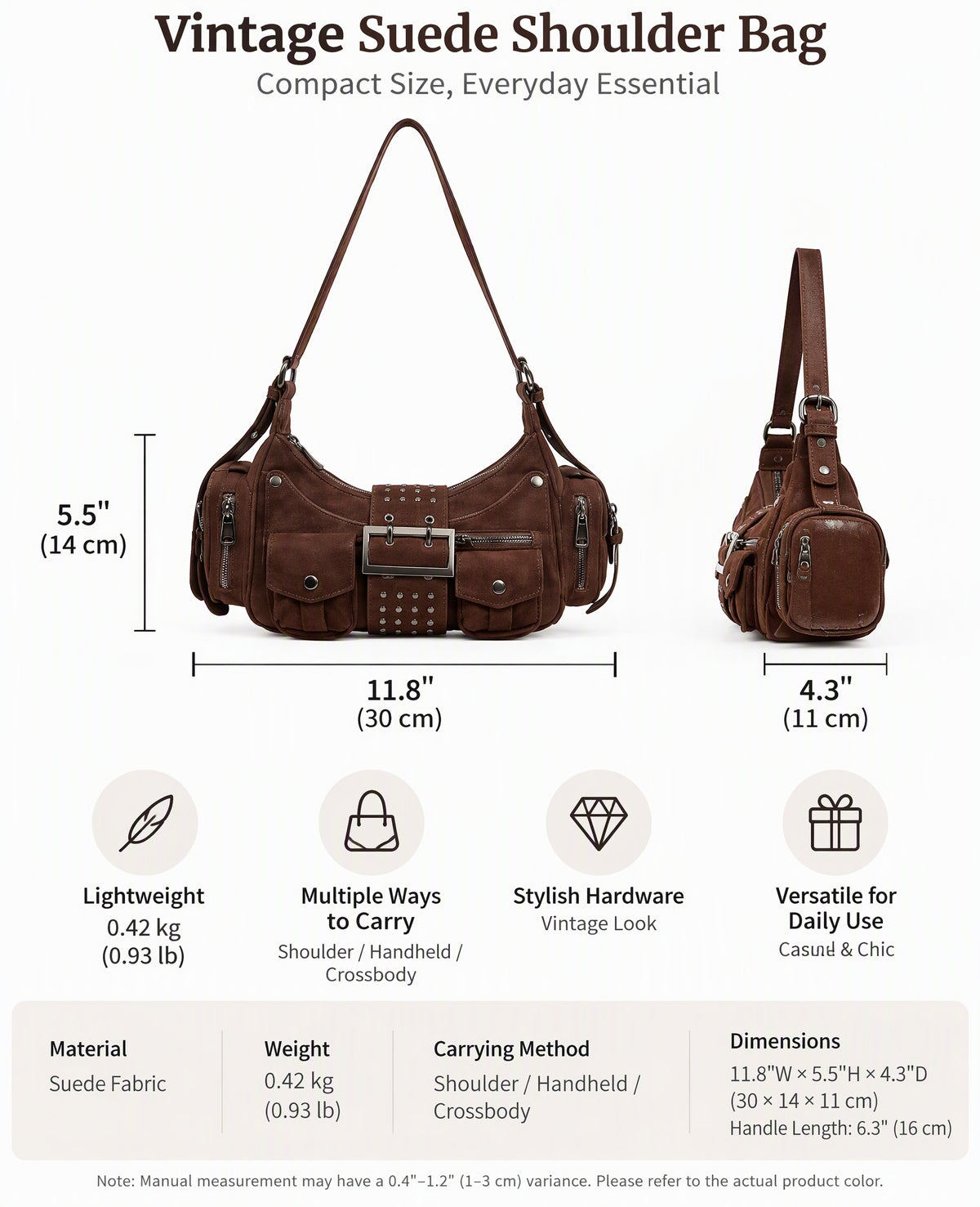Vintage Studded Buckle Shoulder Bag with Pockets