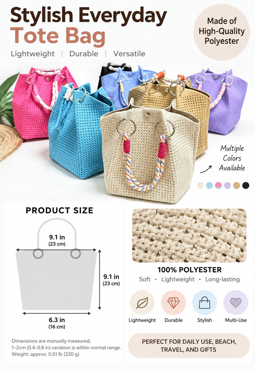 Colorful Crochet Knit Rope Handle Tote Bag