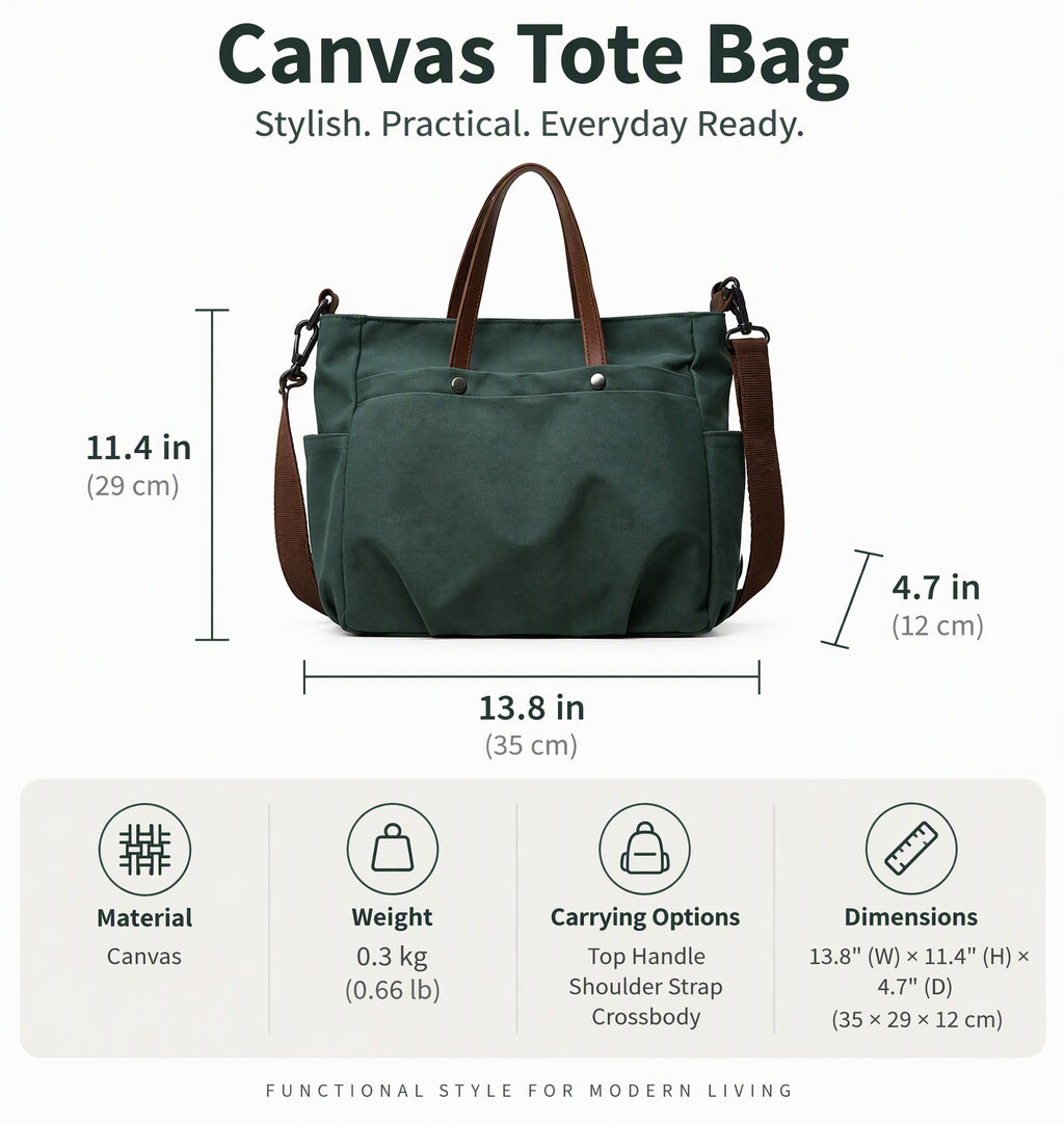 Lightweight Canvas Tote Bag with Multi Pockets and Adjustable Strap