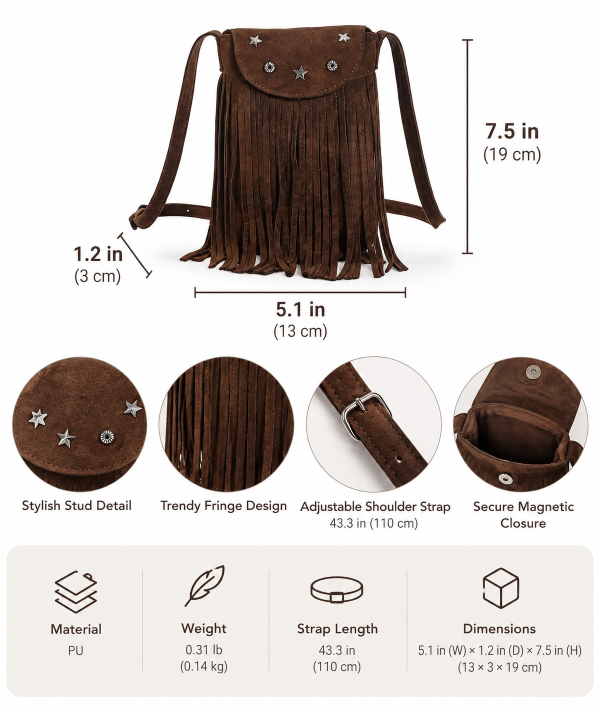 Suede Fringe Crossbody Bag with Star Studs