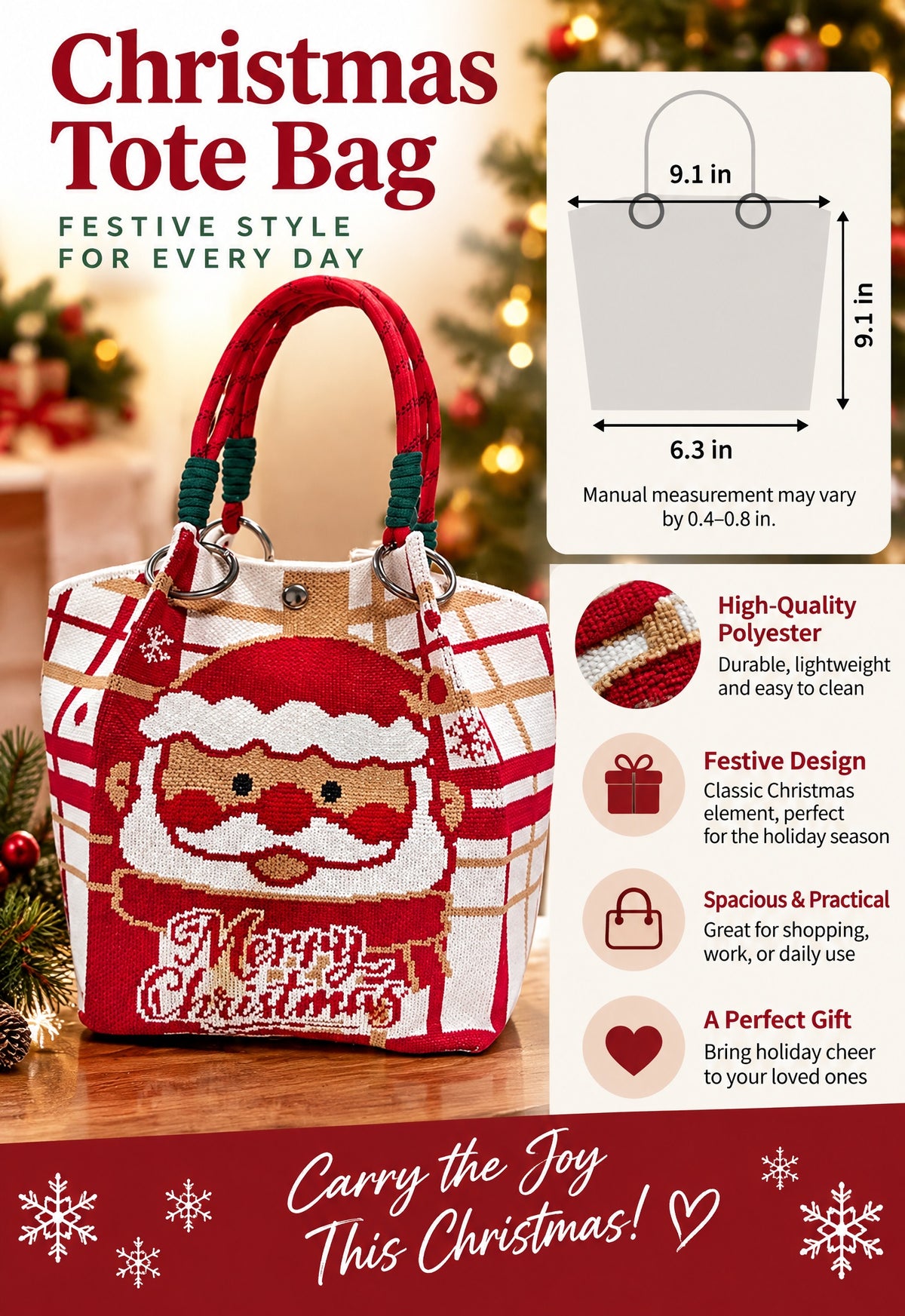 Christmas Santa Claus Print Rope Handle Bucket Handbag