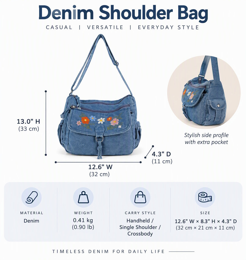 Floral Embroidered Denim Shoulder Bag with Adjustable Strap