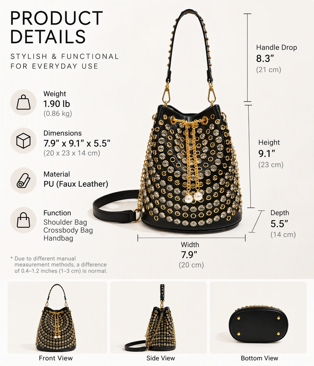 Rhinestone Studded Drawstring Bucket Shoulder Bag