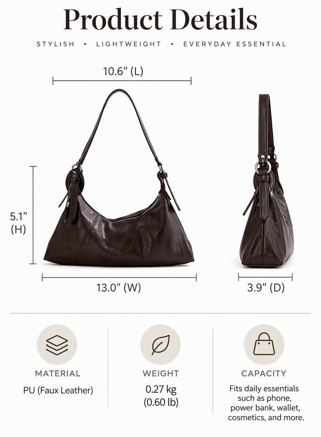 Soft PU Leather Hobo Shoulder Bag with Stitching Details