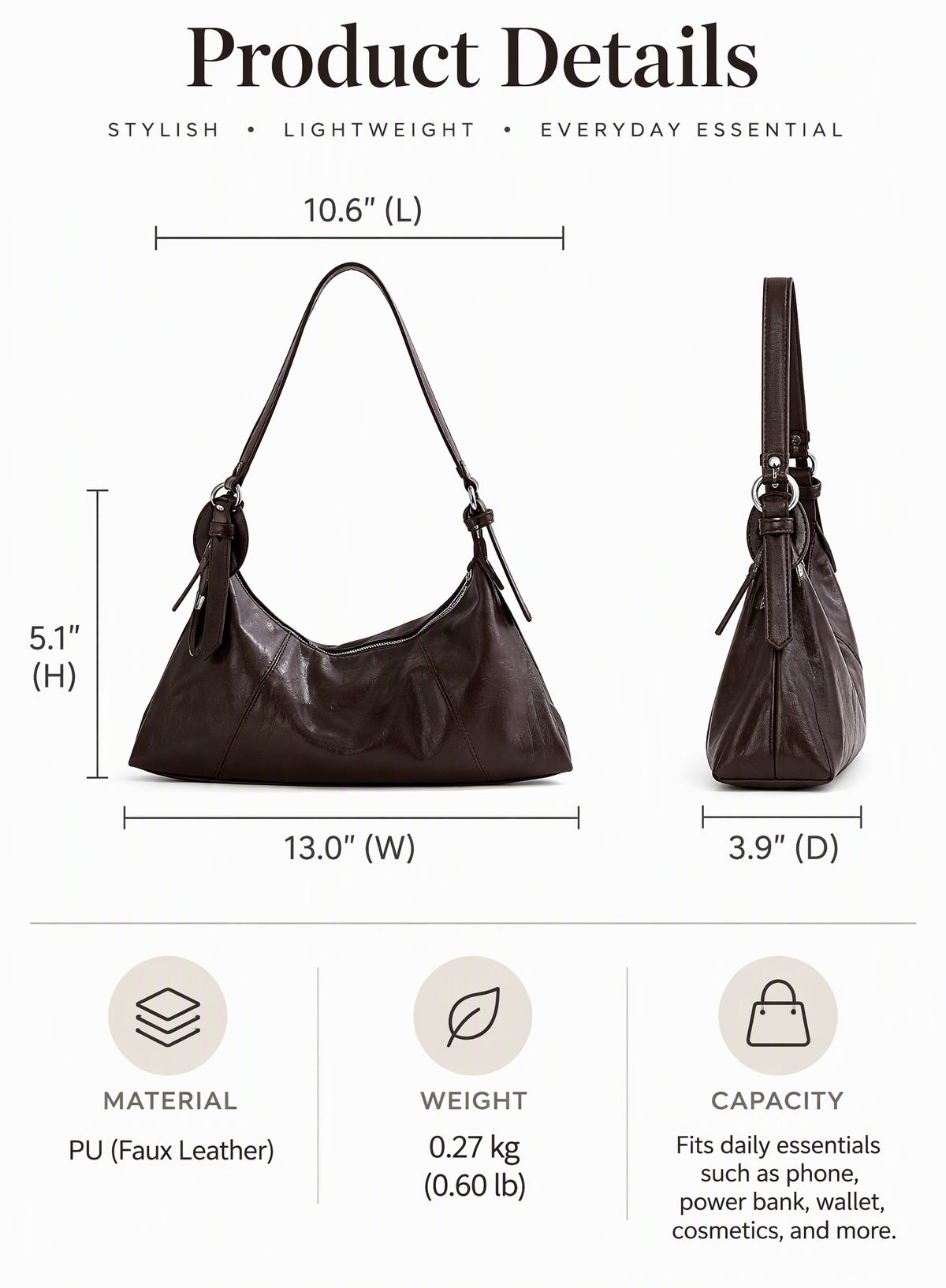 Soft PU Leather Hobo Shoulder Bag with Stitching Details