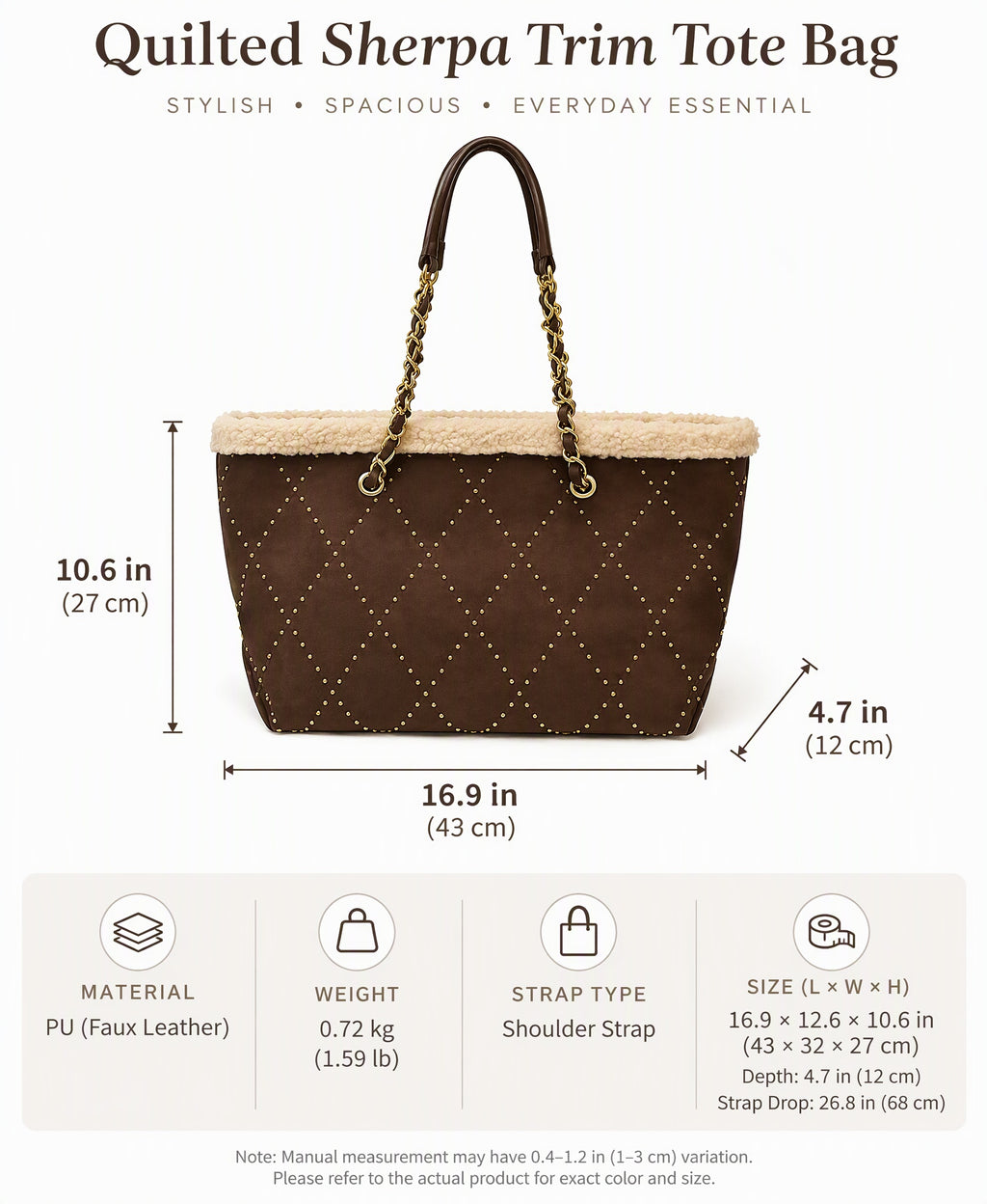 Sherpa Trim Quilted Shoulder Tote Bag