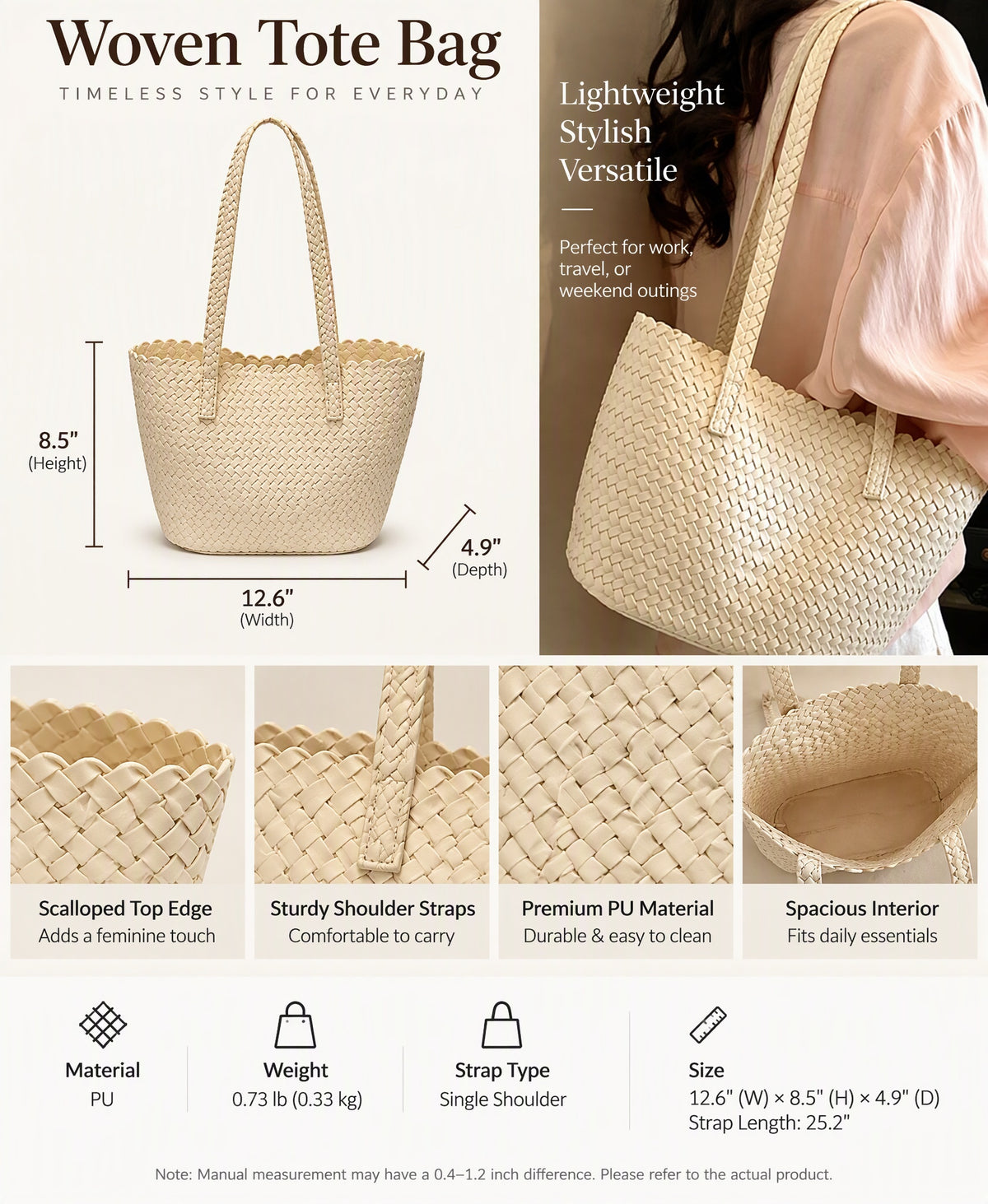 Woven PU Leather Shoulder Tote Bag with Scalloped Edge