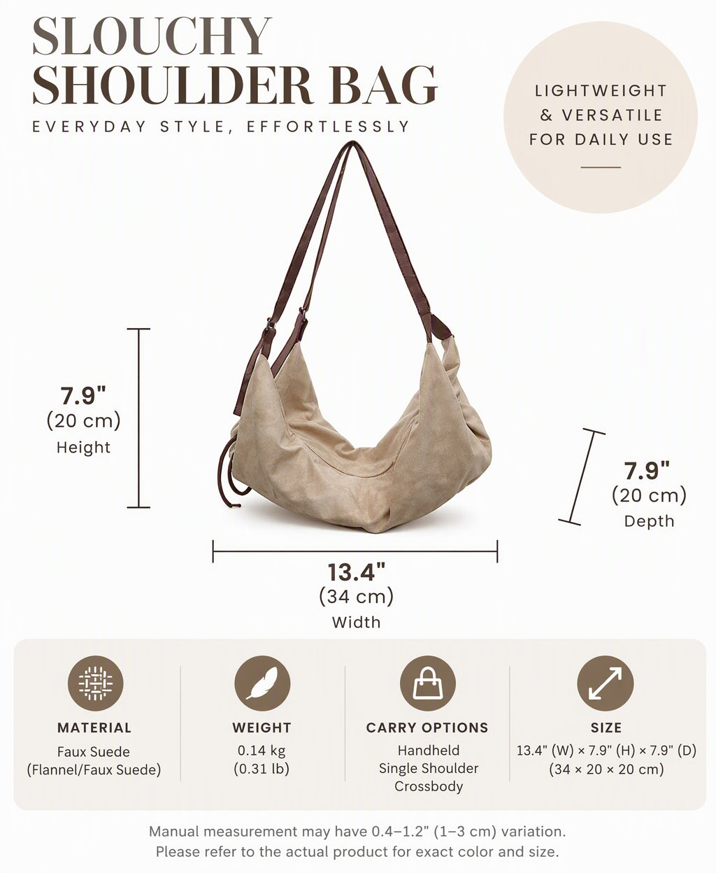 Soft Suede Look Slouchy Hobo Shoulder Bag