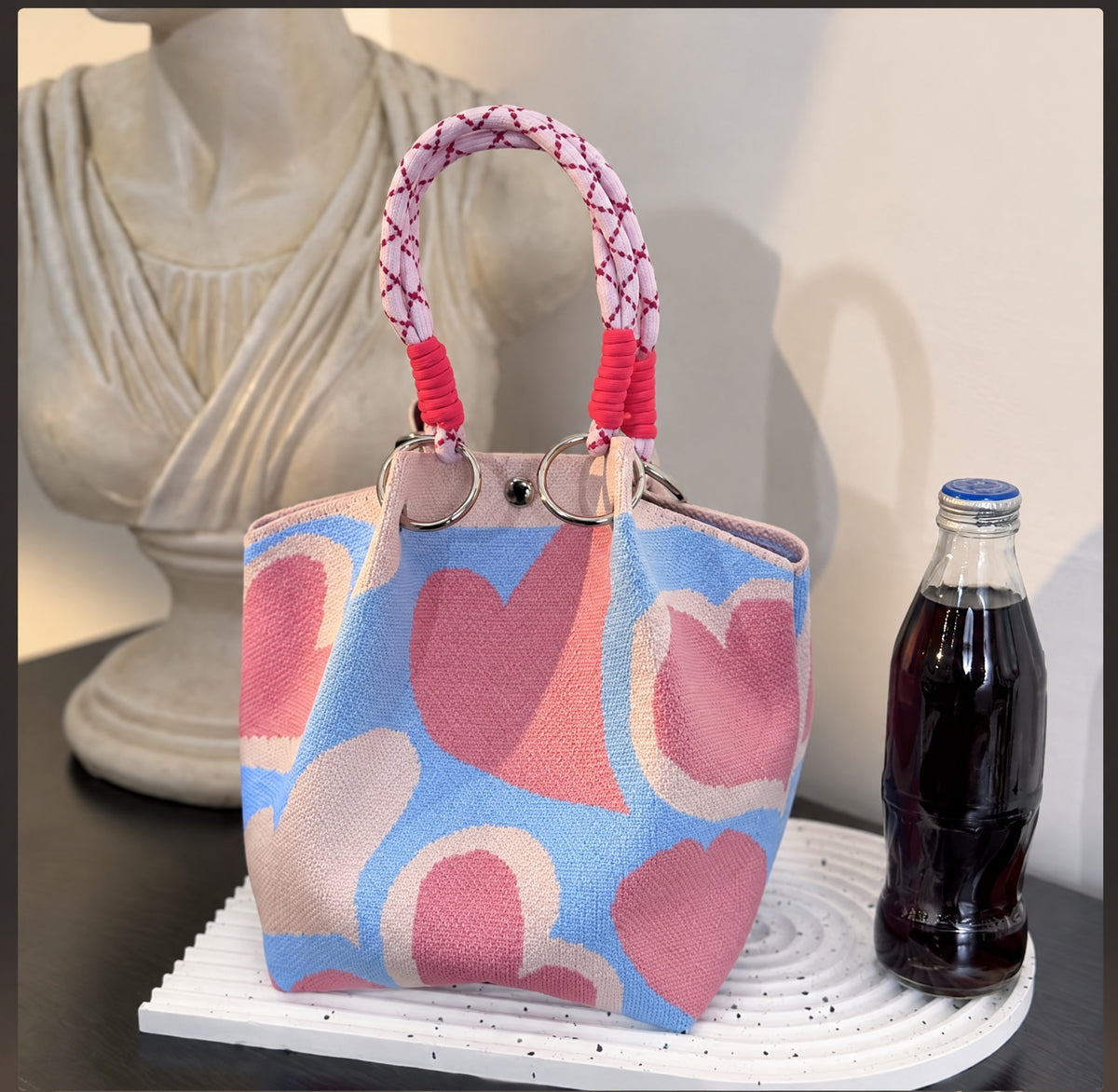 Floral Print Braided Handle Knit Bucket Bag