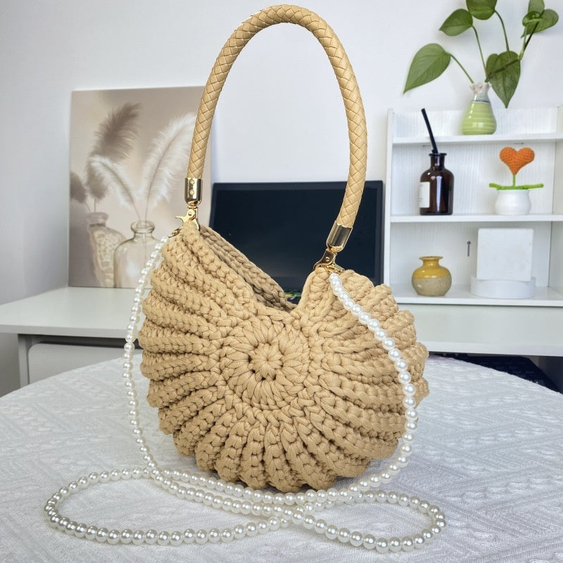 Women Handmade Crochet Conch Shell Beach Woven Pearl Chain Shoulder Crossbody Bag