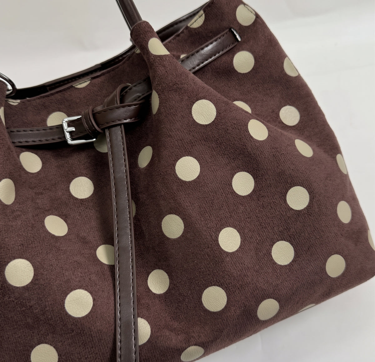Polka Dot Suede Tote with Buckle Detail
