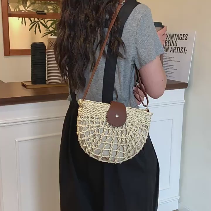 New Woven Half Round Hollow Straw Fresh Shoulder Crossbody Beach Bag