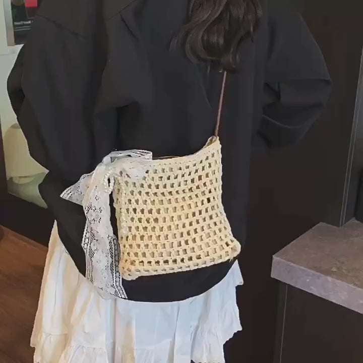 Fresh Sweet Bow Crossbody Phone 2026 New Cotton Woven Summer Beach Bag