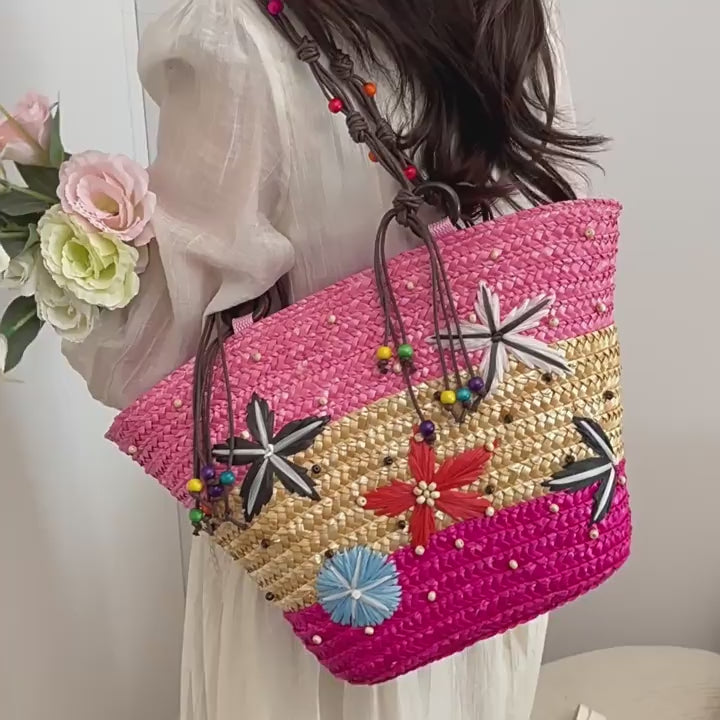 Women 2026 New Spring Beach Straw Ethnic Large Woven Shoulder Handheld Bag
