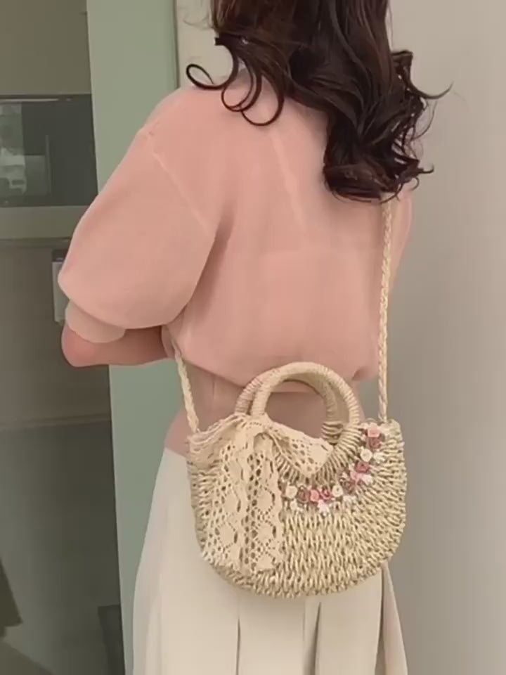 Fresh Floral Woven 2026 New Beach Shoulder Handheld Straw Bag