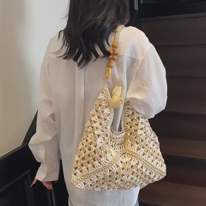 Women Summer Hollow Straw 2026 New Vintage Wood Bead Shoulder Beach Bag