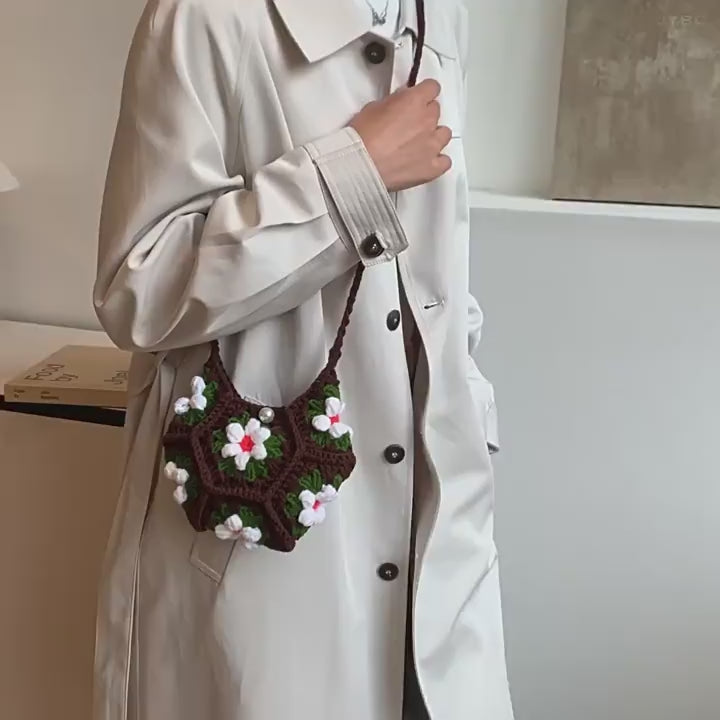 Women Hand Crocheted Granny Square Floral Shoulder Crossbody Bag