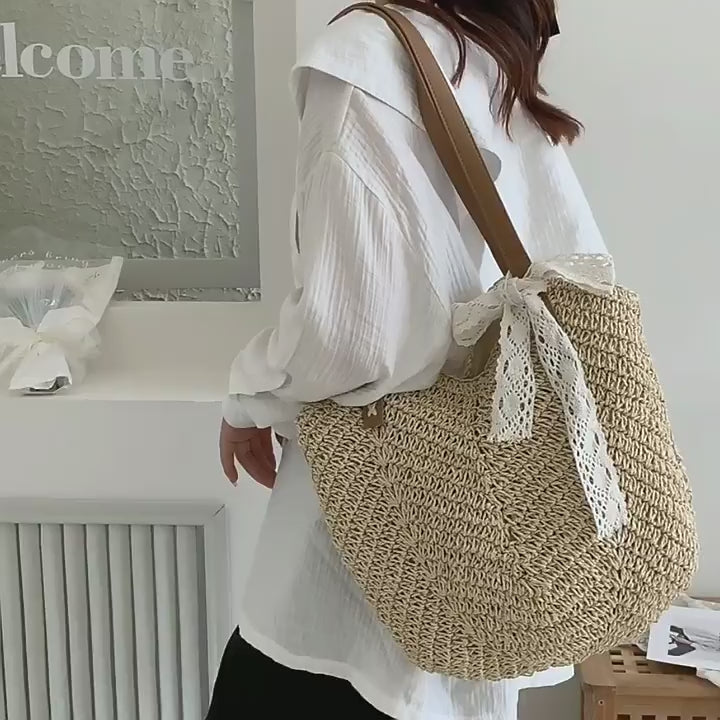 Women New Handmade Woven Fashion Straw Paper Rope Vacation Beach Bag