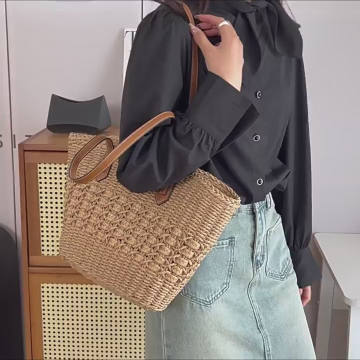 Women Beach Straw Stylish Woven Shoulder Large Spring Tote Bag