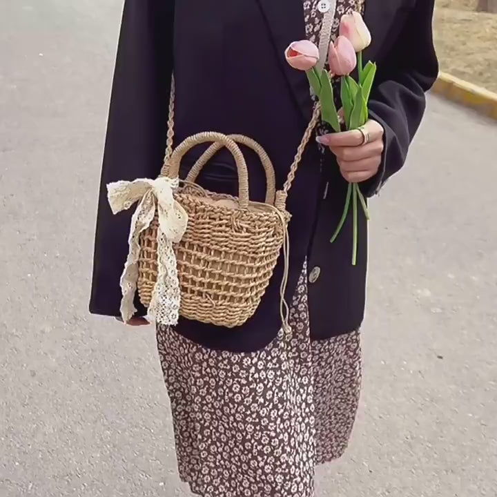 Women Bow Hollow Square Handheld Crossbody Vintage Straw Beach Bag