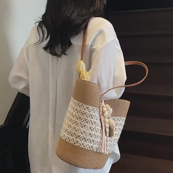 Women Summer Beach Straw 2026 New Fashion Commute Shoulder Tote Bag