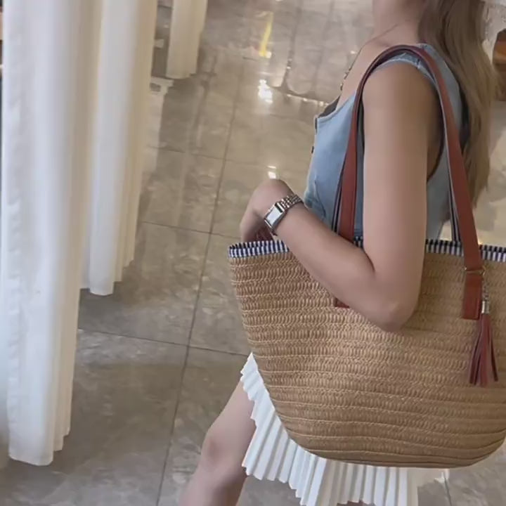 Minimalist Straw Large Handbag Unique Travel Vacation Shoulder Tote Bag
