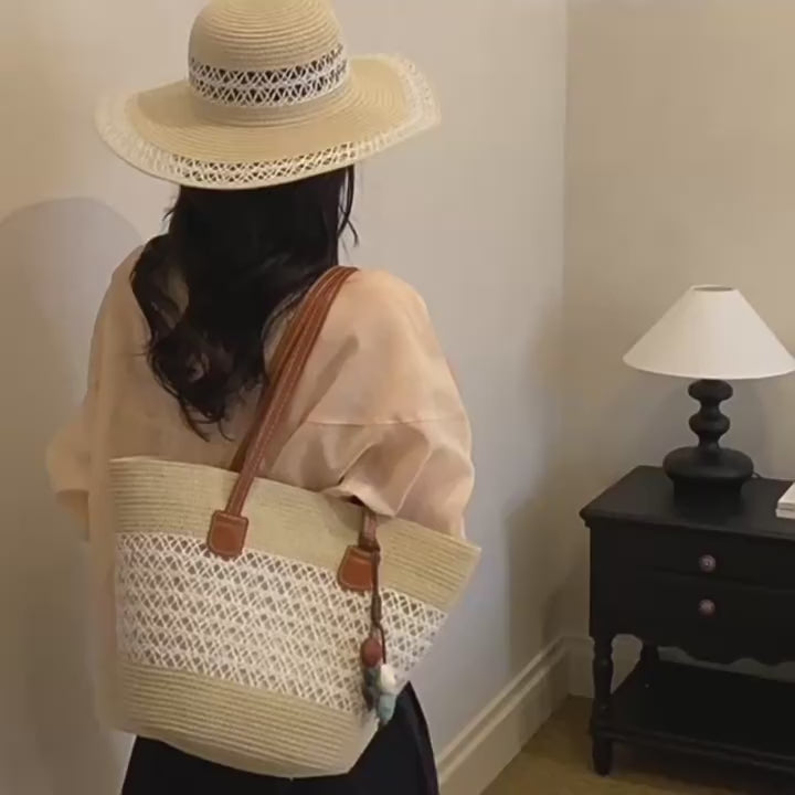 Women Straw Spring Handbag Beach Tote Large Woven Casual Shoulder Bag