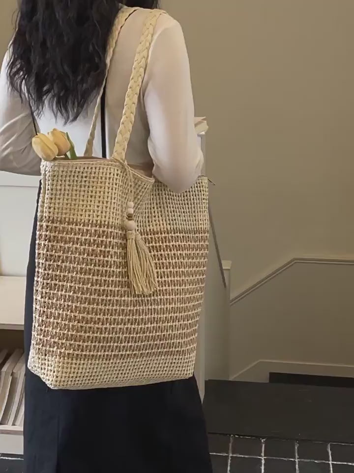 Women Lazy Woven 2026 New Tassel Straw Beach Large Shoulder Bag