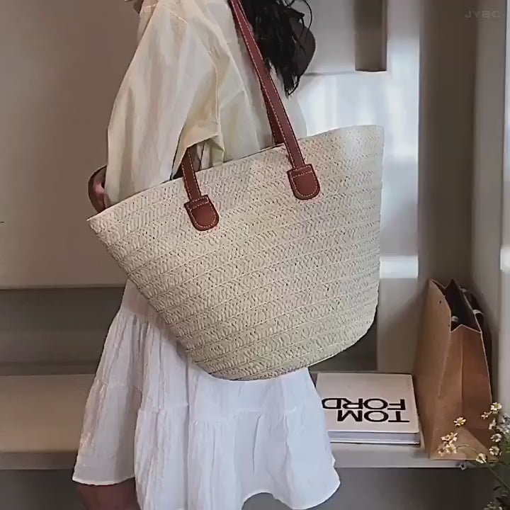 Women New Versatile Minimalist Straw Large Paper Rope Vintage Beach Bag