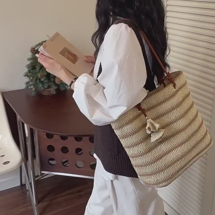 Women 2026 Spring New Casual Large Shoulder Paper Rope Striped Woven Bag