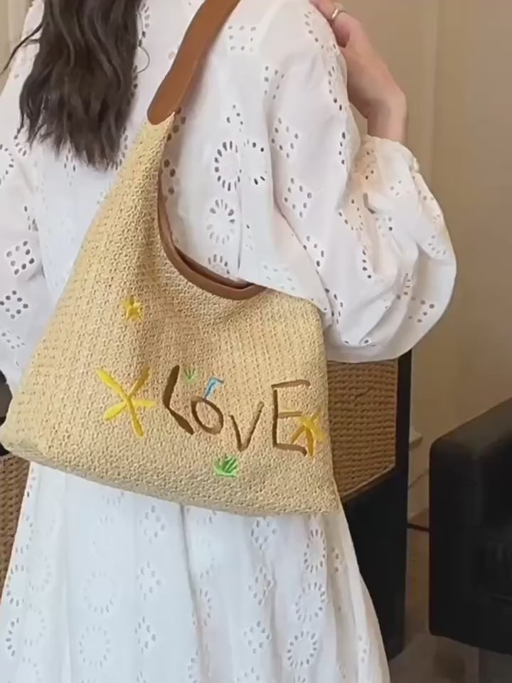 Women Korean Letter Woven Straw 2026 New Relaxed Large Beach Shoulder Tote Bag