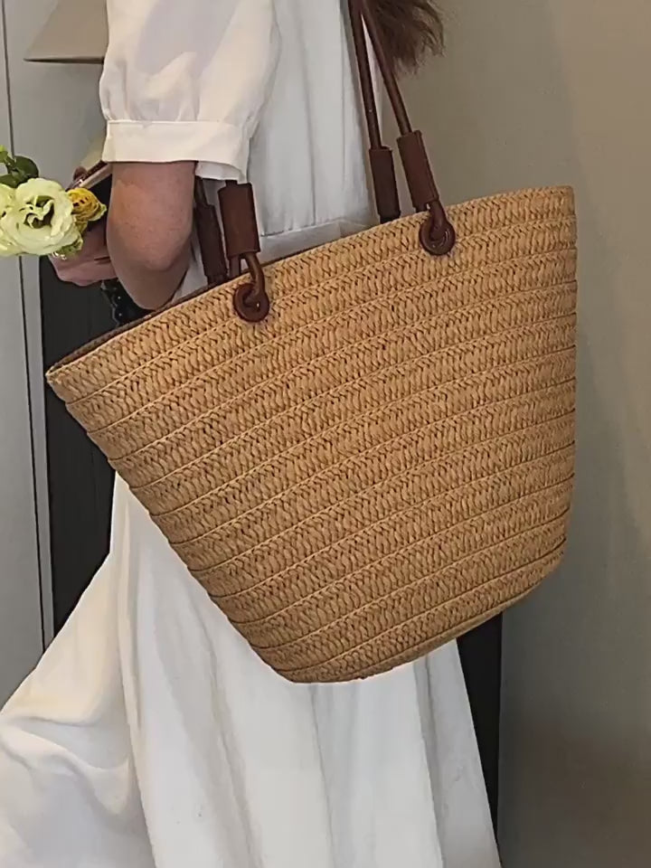 Women French Straw 2026 Summer New Woven Beach Large Shoulder Tote Bag