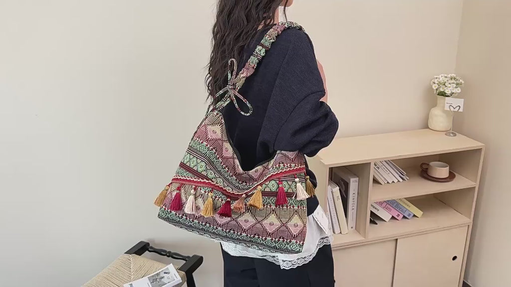 Women 2026 New Fashion Ethnic Jacquard Tassel Large Crossbody Bag